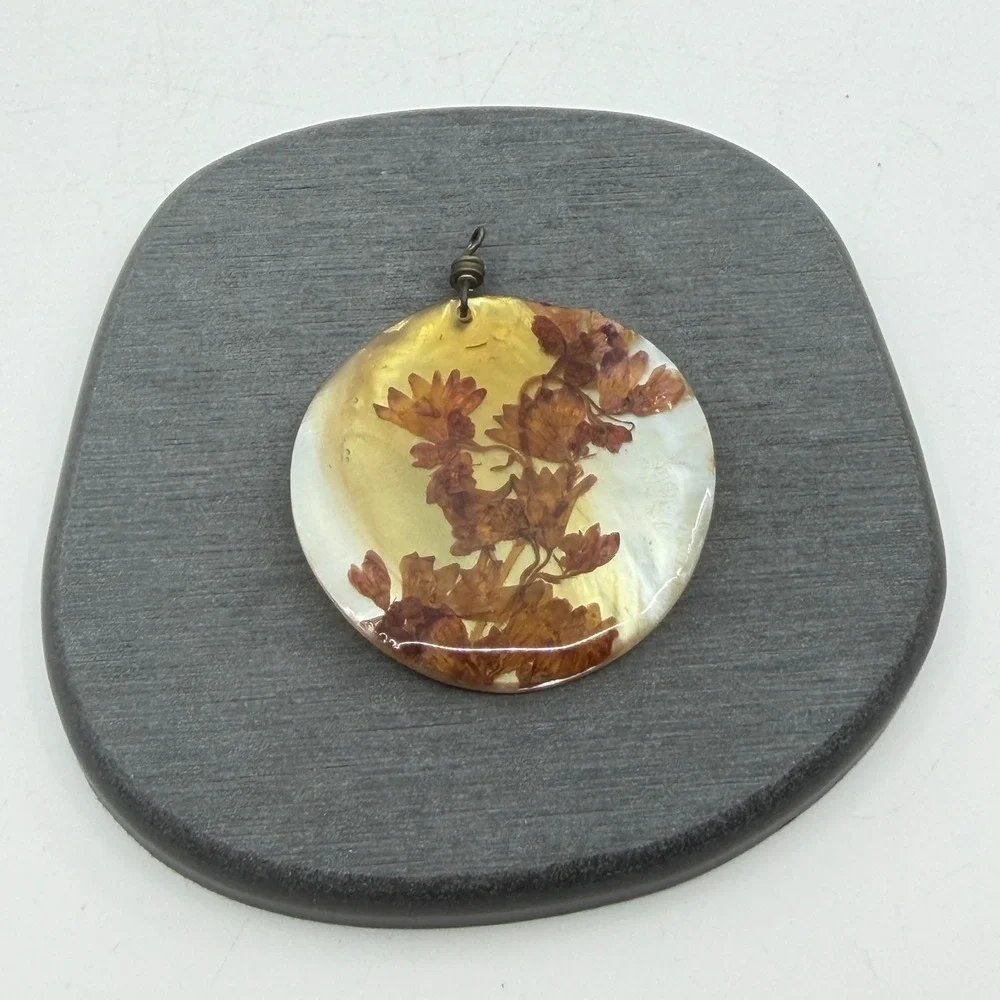 Dried Flower Resin Pendant Amber & Bronze Tone Yellow Cottagecore Boho Jewelry